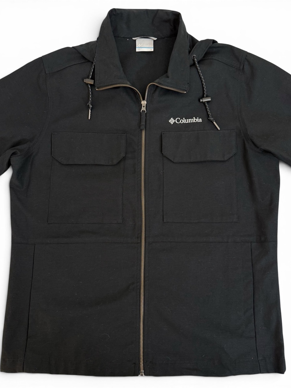 Columbia Black Hooded Cotton Canvas Field Jacket Chest Pockets Men’s Medium NWOT
